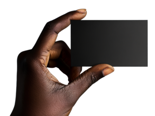 A close-up of a hand holding a small black card, with a strong focus on the hand's texture and detail, set against a plain background.
