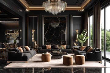 Naklejka premium Hollywood style black living room with glamorous accents and luxe fabrics.