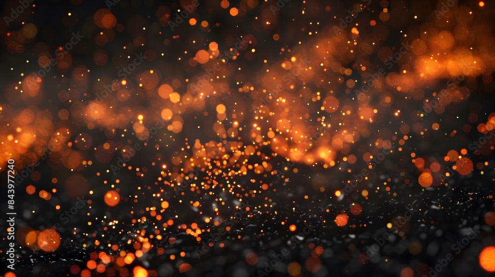 Poster abstract bokeh effect with orange sparkles and a dark background, resembling fiery embers in a dynam