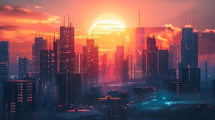 Fototapeta premium A Serene Digital Sunset Over a Virtual Horizon, Blending Nature and Technology in Harmony