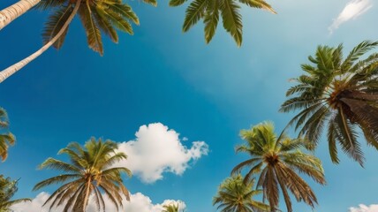 palm sunday concept leaves frame of coconut branches with cloudy blue sky background. Coconut palm trees with blue sky background. Vintage toned