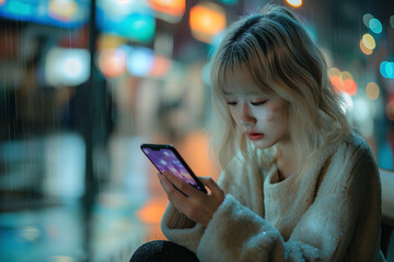 Korean girl in a Dating attire, sitting at a street bench and playing with her smartphone ,her expression very sad and crying hard