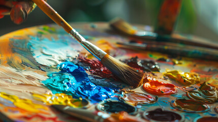 Fototapeta premium Close-up of a painter's brush mixing colors on a palette