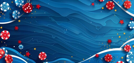 Blue background with blue and white waves, red poker chips flying around the sides of the waves, and small stars scattered throughout the scene