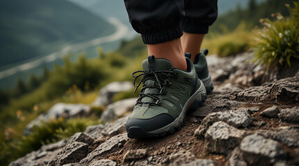 Hiking boot. Legs on mountain trail during trekking in forest,Generative.Ai