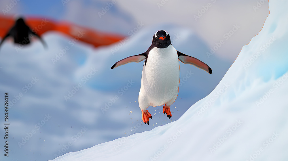 Poster a penguin is jumping over a snow bank. the penguin is in the middle of the image and is the main foc