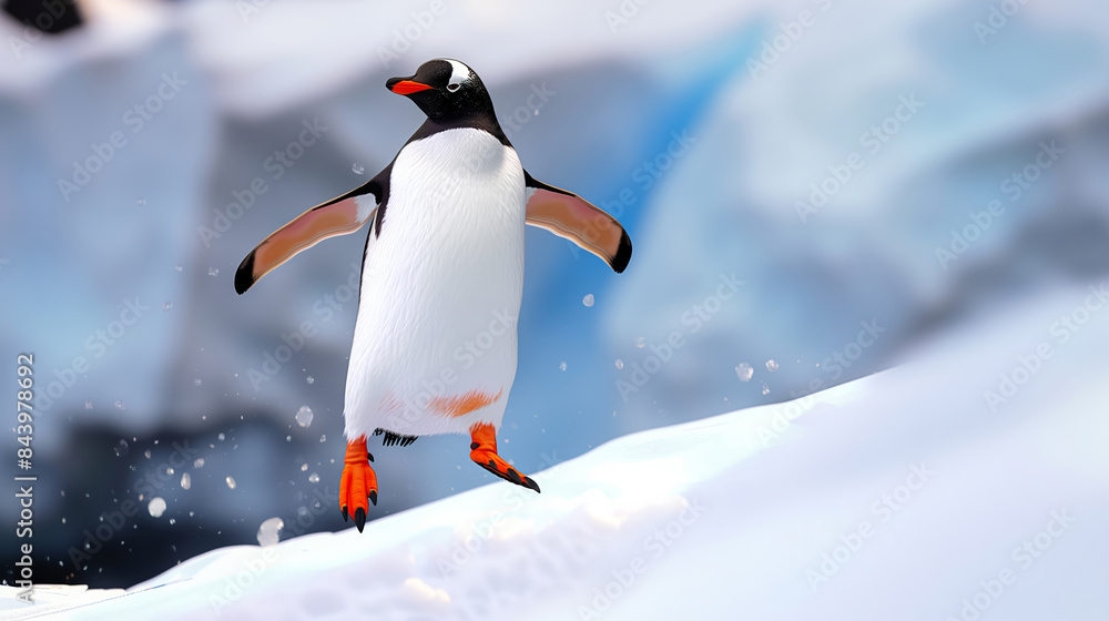 Poster a penguin is jumping over a snow bank. the penguin is in the middle of the image and is the main foc