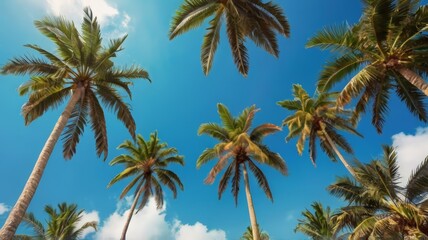 Fototapeta premium palm sunday concept leaves frame of coconut branches with cloudy blue sky background. Coconut palm trees with blue sky background. Vintage toned