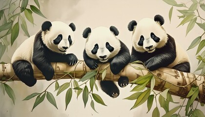 Three adorable pandas are playfully climbing and hanging on leafy branches against a light...