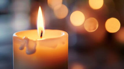 Close-up of a lit candle's flame flickering gently