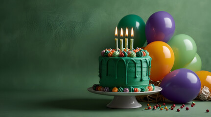 Green birthday cake with candles on a green background with balloons,Generative.Ai
