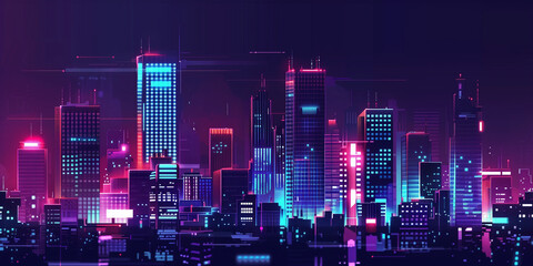 Pixel art retro wave. panorama of big city. wide banner. Space for text. neon cyberpunk digital 8 16 32 64 bit painting. poster, flyer, banner, email, header, social media post. Generative Ai content