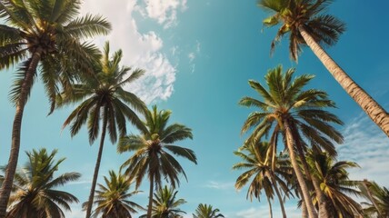 palm sunday concept leaves frame of coconut branches with cloudy blue sky background. Coconut palm trees with blue sky background. Vintage toned