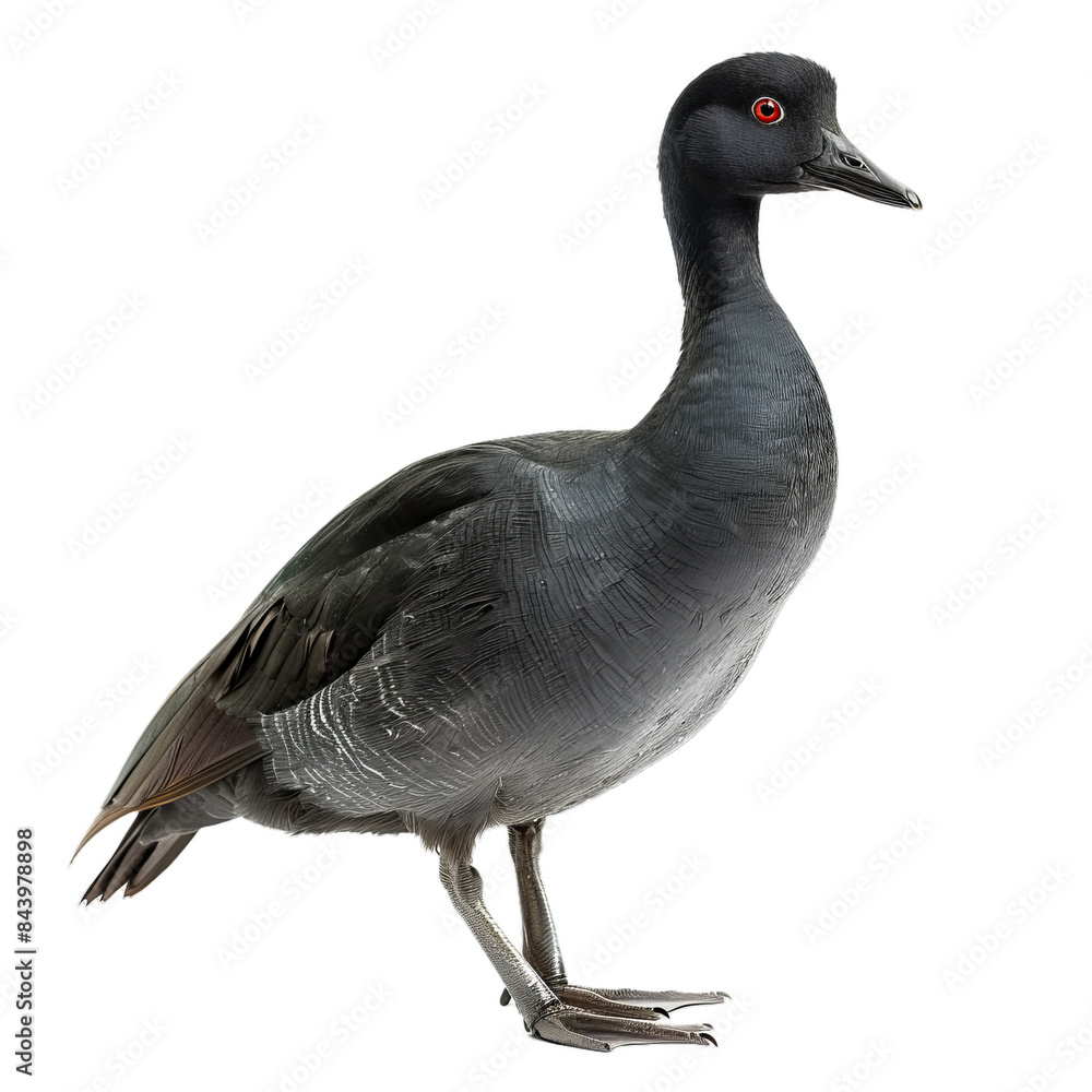 Poster detailed image of a black duck with a red eye, isolated for versatile design use