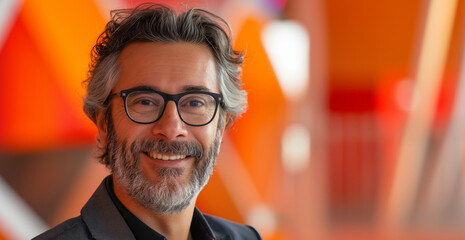 Fototapeta premium A man with glasses is smiling. a modern and happy background that will be a template for a poster to promote conferences. The top part includes photos of lecturers with a photo of a moderator