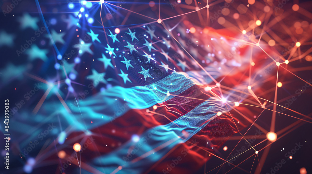 Poster artistic, digital representation of the us flag amidst glowing network lines
