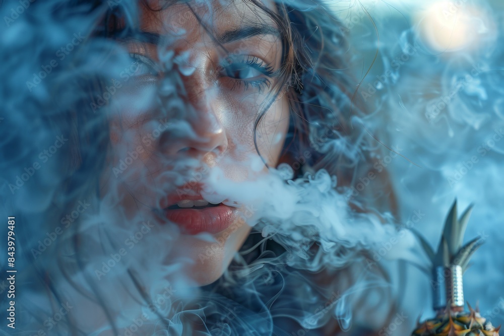 Poster Close up of a woman using a vape, smoke around a pineapple shaped vape device