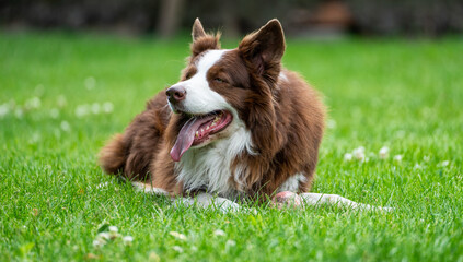 Boarder collie dog is playing with his favourite ball toy on a grass.