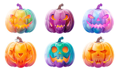Exotic colorful iridescent Halloween pumpkin collection isolated on transparent background. Elements for Halloween decoration.