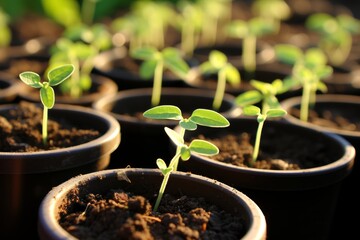 Healthy young plant seedlings in pots, enriched soil, ready for garden bed transplanting