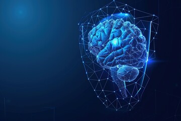 Human brain in guard shield. Cyber security concept with glowing low poly brain and shield on bright blue background. Wireframe low poly design. modern conceptual futuristic elegant design