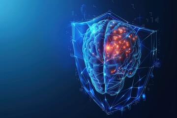 Human brain in guard shield. Cyber security concept with glowing low poly brain and shield on bright blue background. Wireframe low poly design. modern conceptual futuristic elegant design