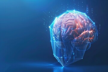 Human brain in guard shield. Cyber security concept with glowing low poly brain and shield on bright blue background. Wireframe low poly design. modern conceptual futuristic elegant design