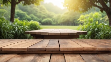 Fototapeta premium The empty wooden table top with blur background of autumn. Wooden table top with blur background of autumn