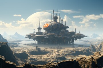 Fototapeta premium A huge spaceship in the middle of the desert against the backdrop of a large planet. There are clouds in the sky and mountains are visible in the distance.