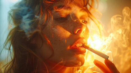 Fototapeta premium A woman is smoking a cigarette and the smoke is yellow. The woman has red hair and is wearing a red shirt