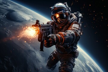 Fototapeta premium An astronaut in a spacesuit in space aims from a blaster against the backdrop of a large planet.
