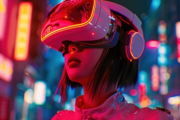 A woman wearing a futuristic headset and a white jacket stands in a neon-lit city.