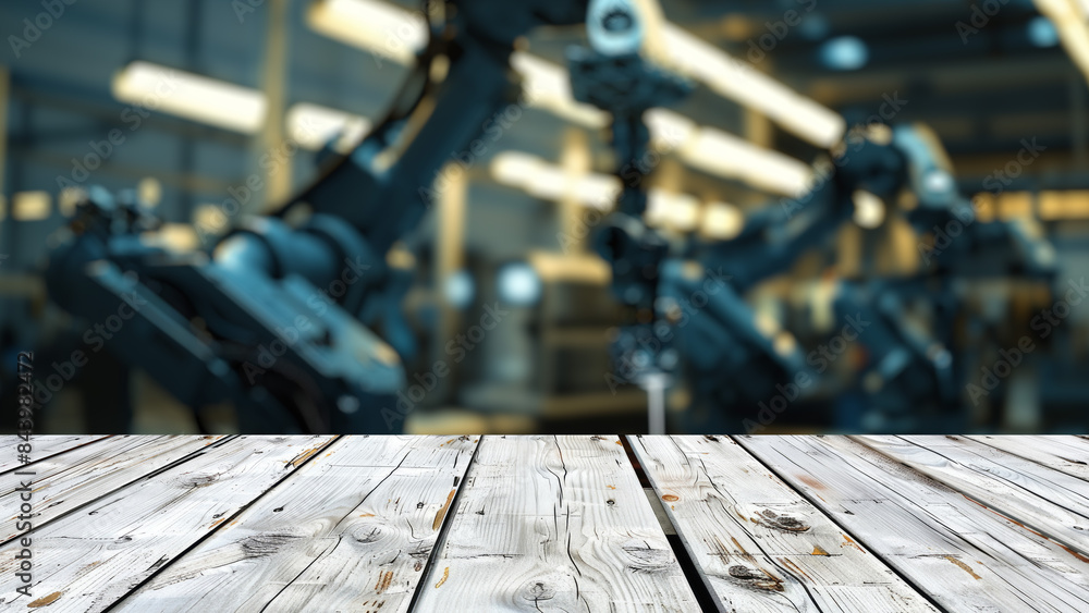 Poster empty wood table top with blur background of factory with robotic arms. the table giving copy space 