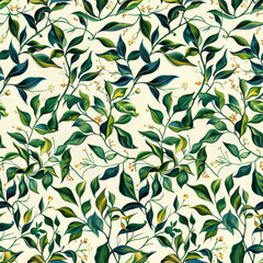 Seamless A green and white floral pattern with leaves and flowers