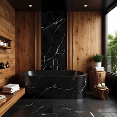 Modern interior design of bathroom with black marble bathtub and wooden wall panels 3D Rendering
