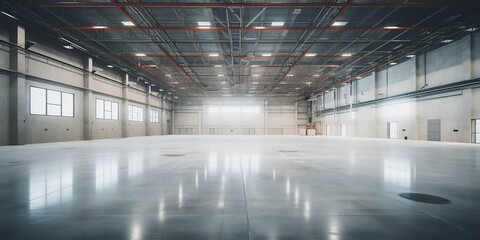 Modern factory for manufacturing production plant or large warehouse background with many light. Empty urban storage view