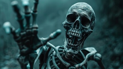 A skeletal figure appears to be reaching out with a haunting expression