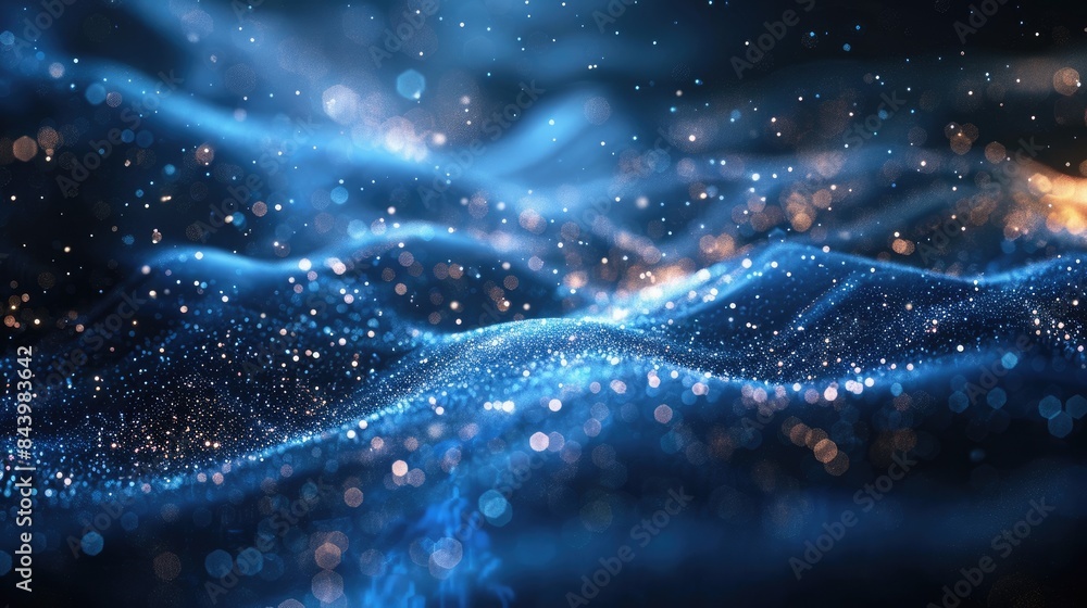 Poster Blue and orange glowing particles form an abstract background with a smooth and wavy surface. AIG535
