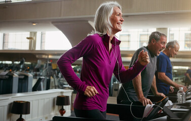 Workout, running and mature woman on treadmill in gym for health, wellness and body exercise....