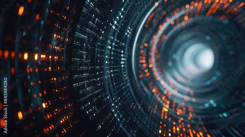 Poster the image is a 3d rendering of a futuristic tunnel. the tunnel is made of a dark, metallic material 