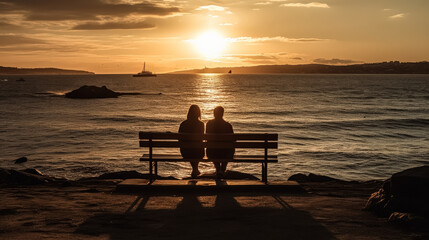 Obraz premium A couple is sitting on a bench overlooking the ocean. The sun is setting, casting a warm glow over the scene. The couple appears to be enjoying each other's company and the beautiful view