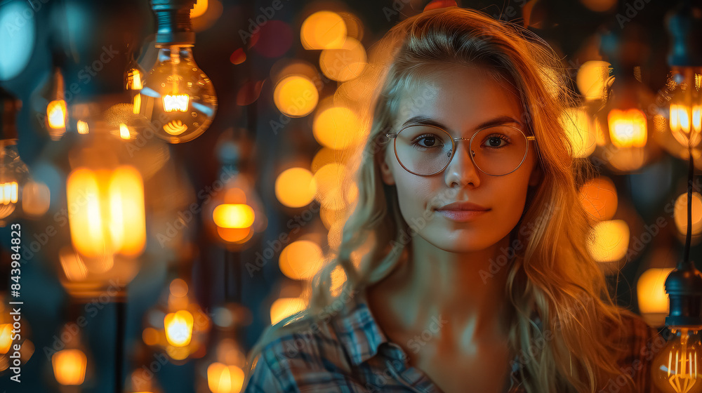 Poster a woman with glasses is standing in front of a bunch of lights. the lights are of different colors a