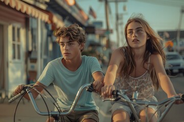 Obraz premium Teenagers Ride Bikes on Sunny Day