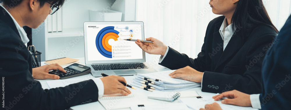 Poster business intelligence analyst team use bi software on laptop to analyze financial data dashboard. bu