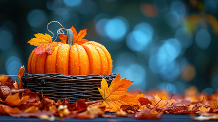 A pumpkin and Autumn leaf Halloween nature background, Happy Thanksgiving  