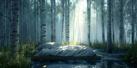 A glowing pond in a forest with a light on the bottom, Eerily Realistic Dark Forest, A forest scene with a path in the middle and the sun shining on the left side.



