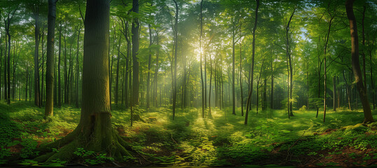 Fototapeta premium Sunlight streaming through trees, Panoramic Sunny Forest