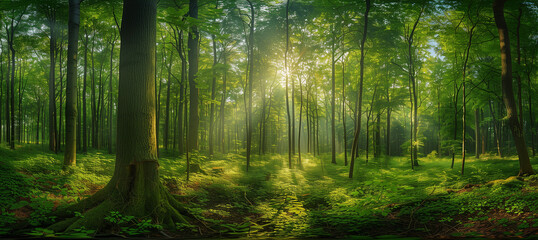 Sunlight streaming through trees, Panoramic Sunny Forest