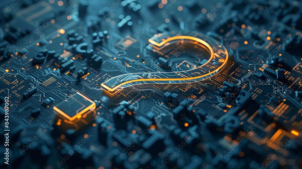 Poster futuristic circuit board with glowing question mark - concept of technology and innovation