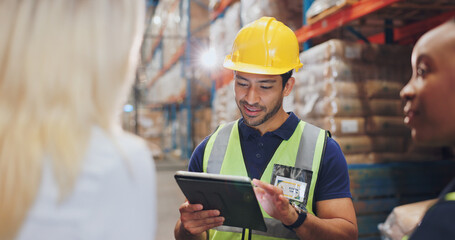 People, tablet and discussion in warehouse for logistics with group, planning and check inventory. Man, women and team with digital touchscreen on app for supply chain, inspection or stock in factory